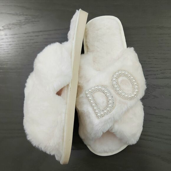 Wedding I Do Bride Slippers Size 40-41 Ivory Slip On Fluffy Wedding Anniversary - Picture 7 of 12